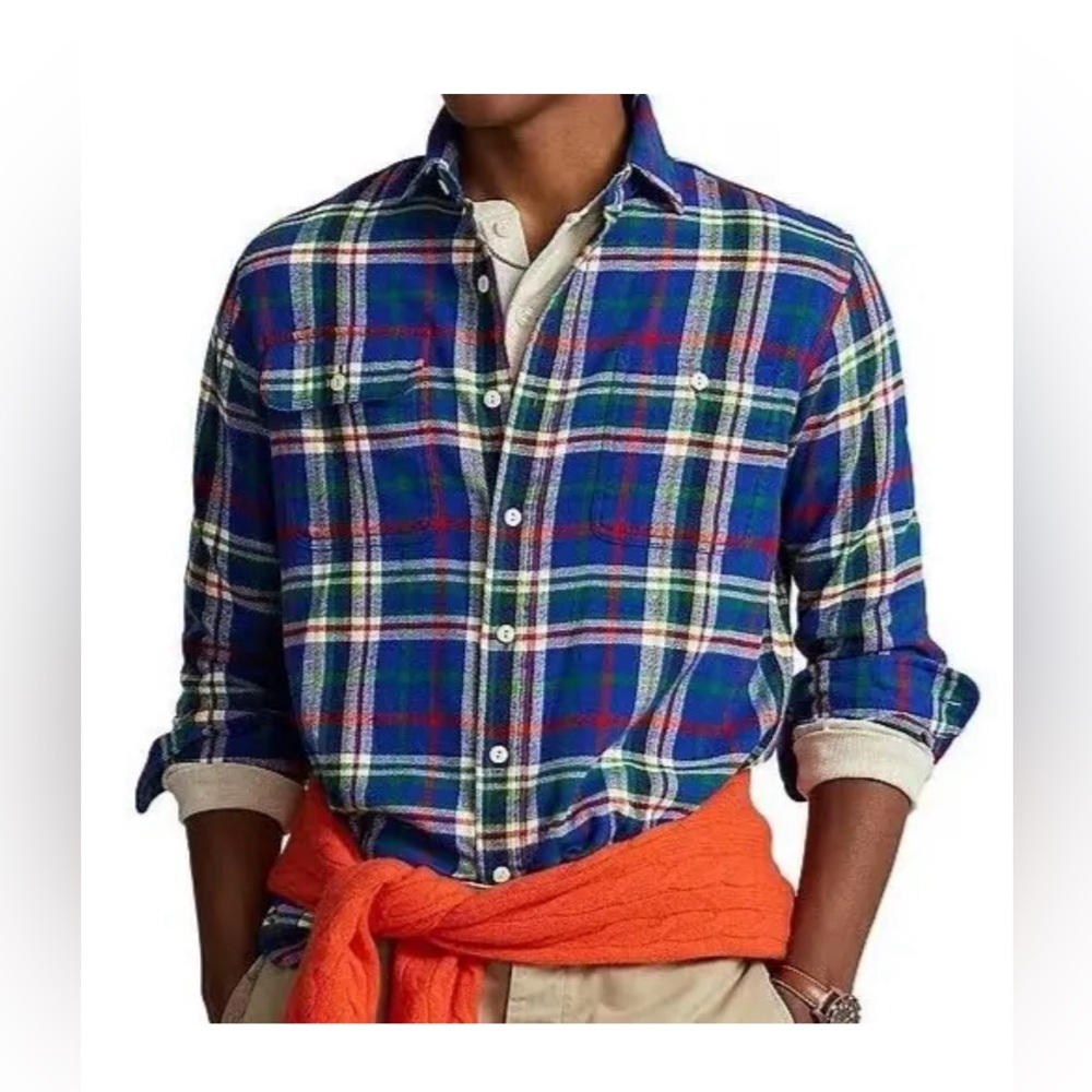 Polo Ralph Lauren Men Size Large Classic Fit Flannel Shirt Blue Plaid NEW